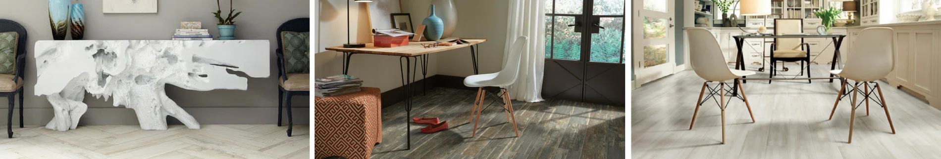 White desk and brown desk with tan and dark grey Tile Flooring in Cypress, TX.