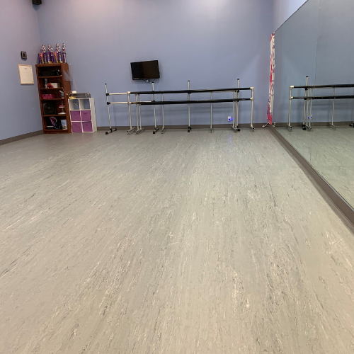 dance room with floors, mirror, and shelves 