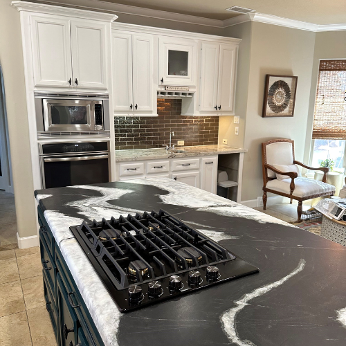 marble countertop, kitchen, white cabinets